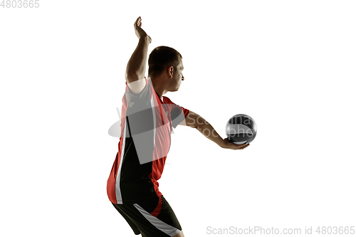 Image of Young caucasian volleyball player placticing isolated on white background