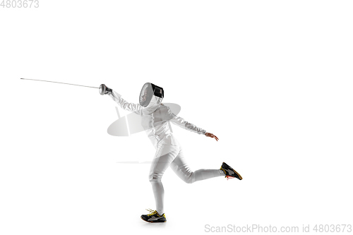 Image of Teen girl in fencing costume with sword in hand isolated on white background