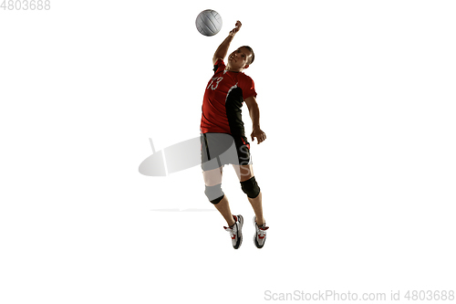 Image of Young caucasian volleyball player placticing isolated on white background