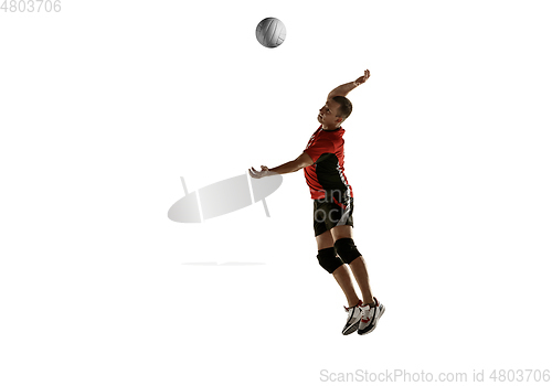 Image of Young caucasian volleyball player placticing isolated on white background