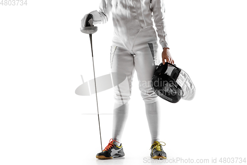 Image of Teen girl in fencing costume with sword in hand isolated on white background