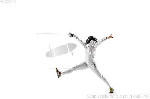 Image of Teen girl in fencing costume with sword in hand isolated on white background