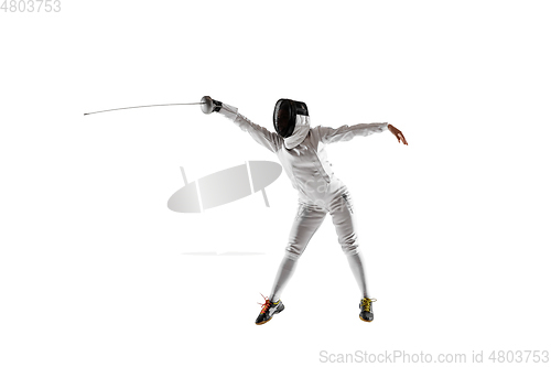 Image of Teen girl in fencing costume with sword in hand isolated on white background