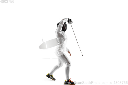 Image of Teen girl in fencing costume with sword in hand isolated on white background