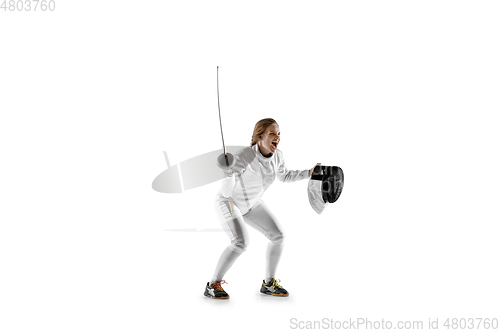 Image of Teen girl in fencing costume with sword in hand isolated on white background