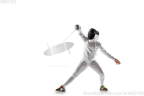 Image of Teen girl in fencing costume with sword in hand isolated on white background