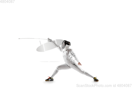 Image of Teen girl in fencing costume with sword in hand isolated on white background