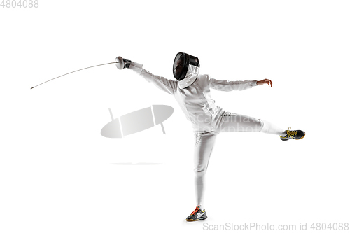 Image of Teen girl in fencing costume with sword in hand isolated on white background