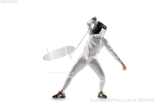 Image of Teen girl in fencing costume with sword in hand isolated on white background