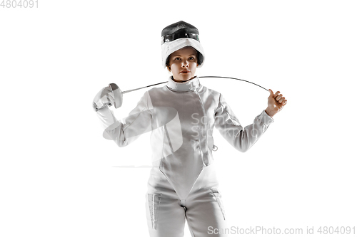 Image of Teen girl in fencing costume with sword in hand isolated on white background