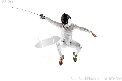 Image of Teen girl in fencing costume with sword in hand isolated on white background