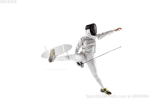 Image of Teen girl in fencing costume with sword in hand isolated on white background