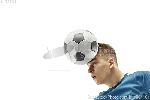 Image of Close up of emotional man playing soccer hitting the ball with the head on isolated white background