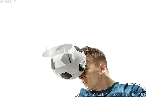 Image of Close up of emotional man playing soccer hitting the ball with the head on isolated white background