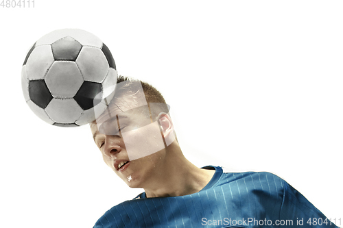 Image of Close up of emotional man playing soccer hitting the ball with the head on isolated white background