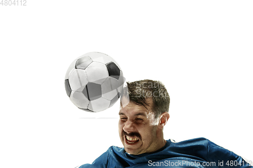 Image of Close up of emotional man playing soccer hitting the ball with the head on isolated white background