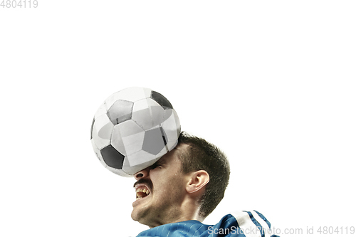 Image of Close up of emotional man playing soccer hitting the ball with the head on isolated white background