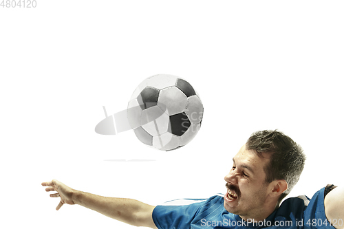 Image of Close up of emotional man playing soccer hitting the ball with the head on isolated white background