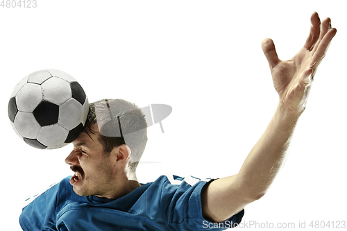 Image of Close up of emotional man playing soccer hitting the ball with the head on isolated white background