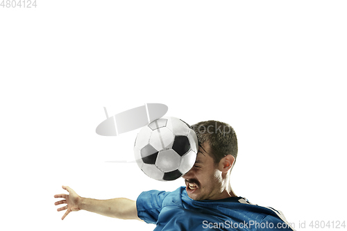 Image of Close up of emotional man playing soccer hitting the ball with the head on isolated white background