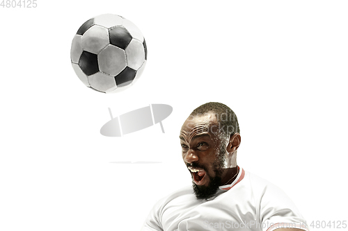 Image of Close up of emotional man playing soccer hitting the ball with the head on isolated white background