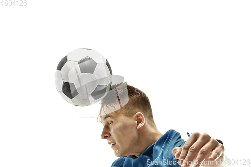 Image of Close up of emotional man playing soccer hitting the ball with the head on isolated white background