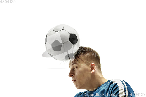 Image of Close up of emotional man playing soccer hitting the ball with the head on isolated white background