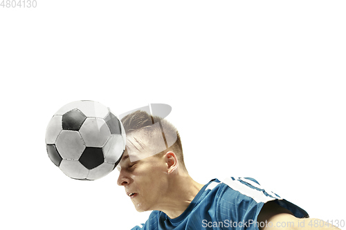 Image of Close up of emotional man playing soccer hitting the ball with the head on isolated white background