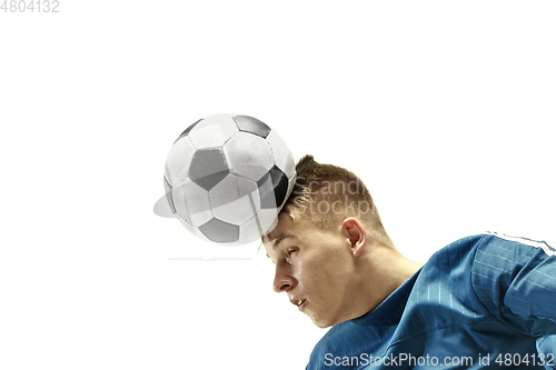 Image of Close up of emotional man playing soccer hitting the ball with the head on isolated white background