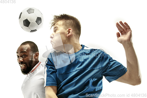 Image of Close up of emotional men playing soccer hitting the ball with the head on isolated on white background