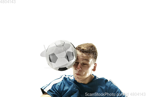 Image of Close up of emotional man playing soccer hitting the ball with the head on isolated white background