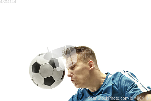 Image of Close up of emotional man playing soccer hitting the ball with the head on isolated white background