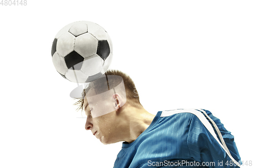 Image of Close up of emotional man playing soccer hitting the ball with the head on isolated white background