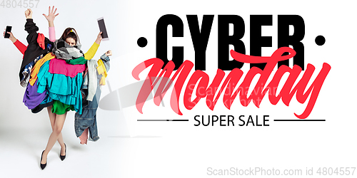 Image of Woman addicted of sales and clothes, cyber monday, sales concept
