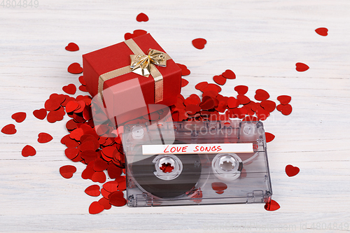 Image of Audio cassette tape and small hearts