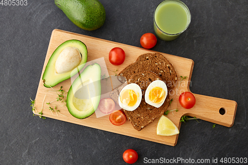 Image of toast bread with eggs, cherry tomatoes and avocado
