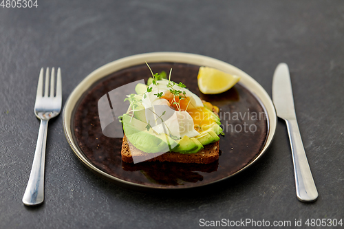 Image of toast bread with sliced avocado and pouched egg