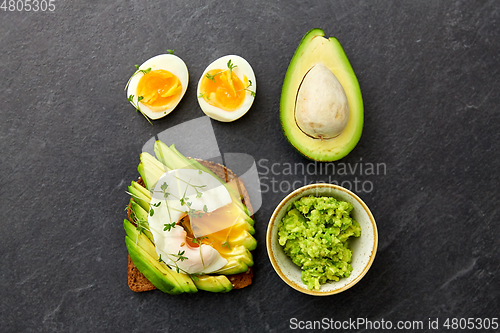 Image of toast bread with avocado, pouched egg and greens