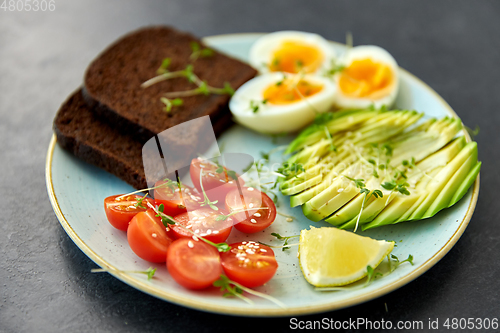 Image of avocado, eggs, toast bread and cherry tomato