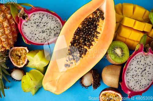 Image of close up of papaya with other exotic fruits