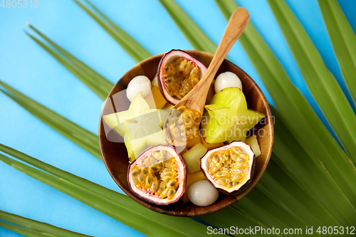 Image of mix of exotic fruits in wooden plate with spoon