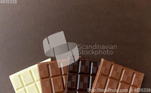 Image of different kinds of chocolate on brown background