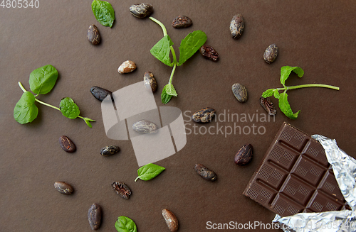 Image of dark chocolate bar with peppermint and cocoa beans