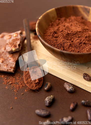 Image of chocolate with hazelnuts, cocoa beans and powder