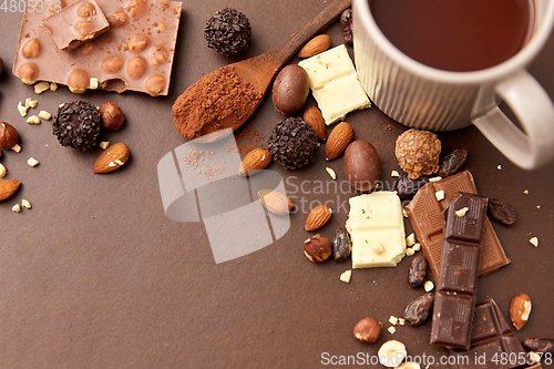 Image of hot chocolate with nuts, cocoa powder and candies