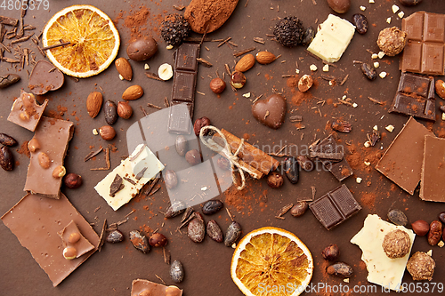 Image of cocoa beans, chocolate, nuts and cinnamon sticks