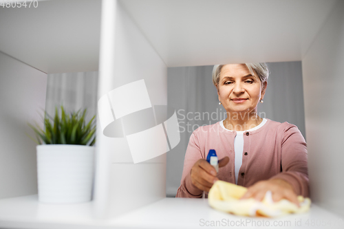 Image of happy senior woman with cloth dusting rack at home