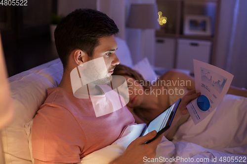 Image of man with tablet computer working in bed at night