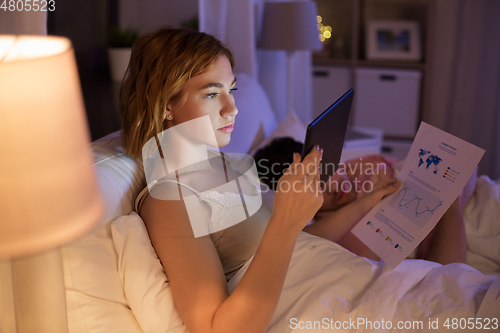 Image of woman with tablet computer working in bed at night