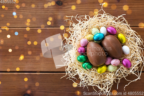 Image of chocolate eggs and candies in straw nest